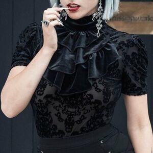 Killstar Thelma Blouse Black S Burnout Velvet Victorian Damask Ruffle Goth Corp